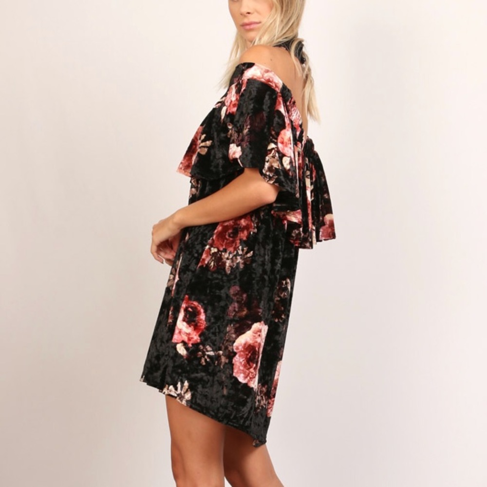 Black Floral Velvet Off The Shoulder Dress - Picture 3 of 6